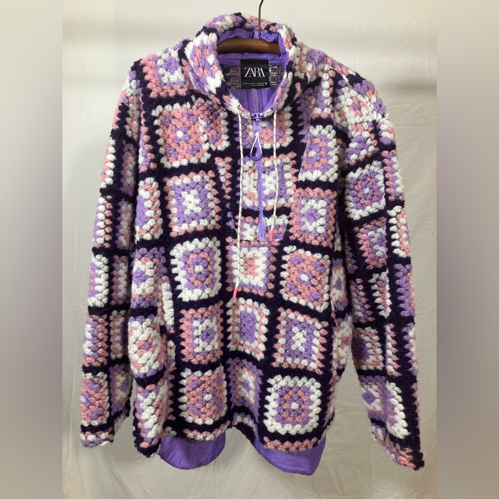 Zara Purple & Pink Crochet Patchwork Teddy pullover shirt Jacket